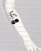 Forearm cherry tattoo mockup, edgy barbed wire cherries design with blackwork line art and grunge punk energy.