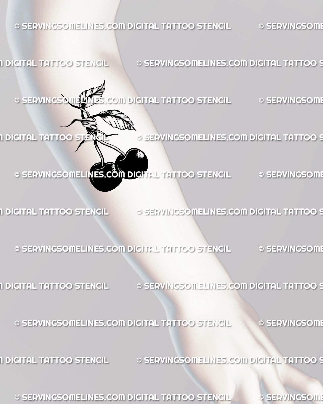 Forearm cherry tattoo mockup, edgy barbed wire cherries design with blackwork line art and grunge punk energy.