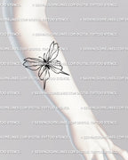 Forearm tattoo design showing minimalist broken butterfly with shattered glass pattern, fine-line artwork representing transformation and beauty 