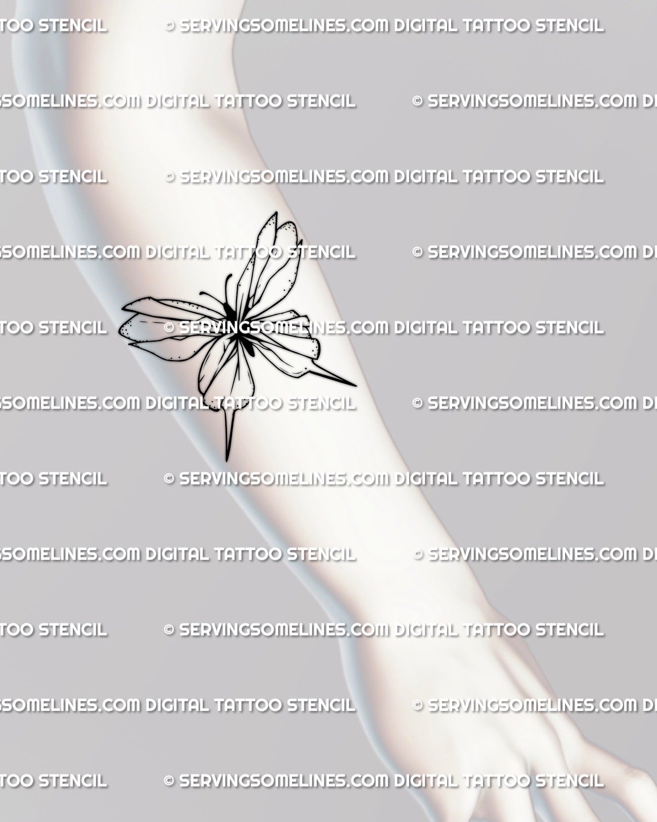 Forearm tattoo design showing minimalist broken butterfly with shattered glass pattern, fine-line artwork representing transformation and beauty 