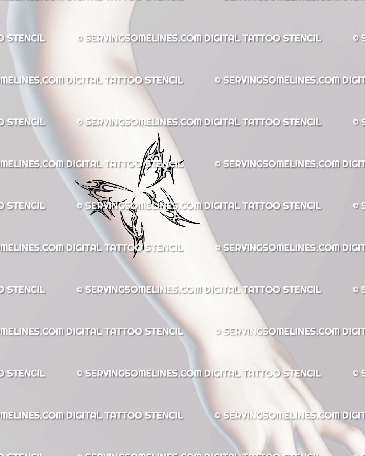 Forearm butterfly tattoo stencil in cybercore abstract line style, modern feminine design perfect for arm placement