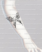 Forearm butterfly tattoo design in liquid marble pattern, fluid abstract flow art with cyber line texture and organic curves. 