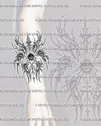 Forearm cyber sigil all-seeing eye tattoo stencil preview with wing eyes, six-wing angel structure, and sharp detail