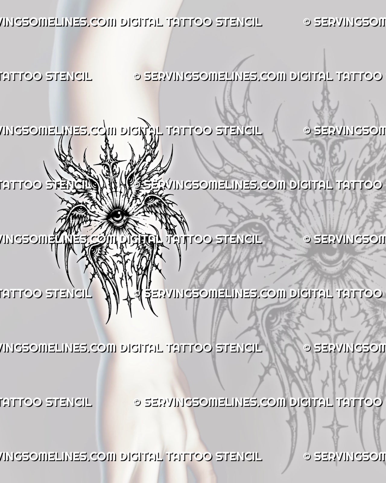 Forearm cyber sigil all-seeing eye tattoo stencil preview with wing eyes, six-wing angel structure, and sharp detail