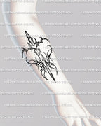 Forearm placement showing cyber sigil sword tattoo design with wings and heart handle, clean neotribal digital stencil mockup. 