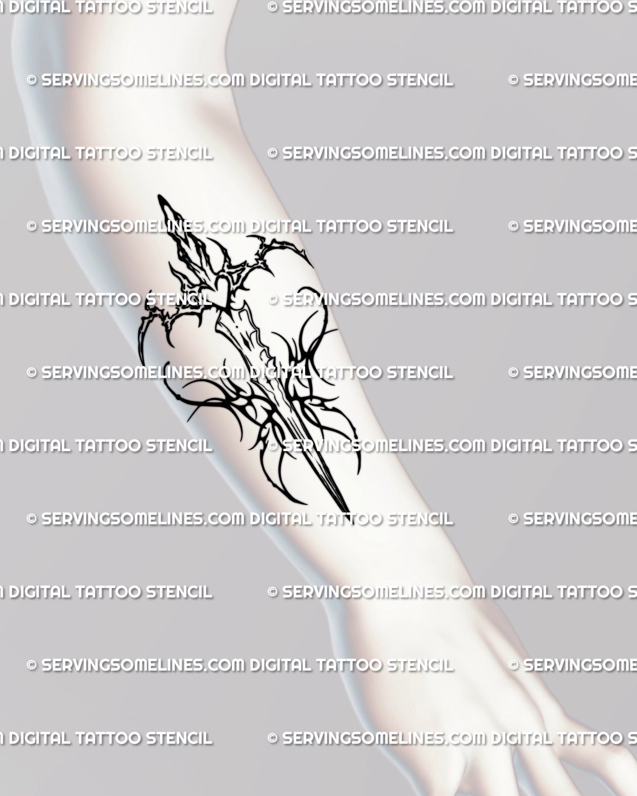 Forearm placement showing cyber sigil sword tattoo design with wings and heart handle, clean neotribal digital stencil mockup. 