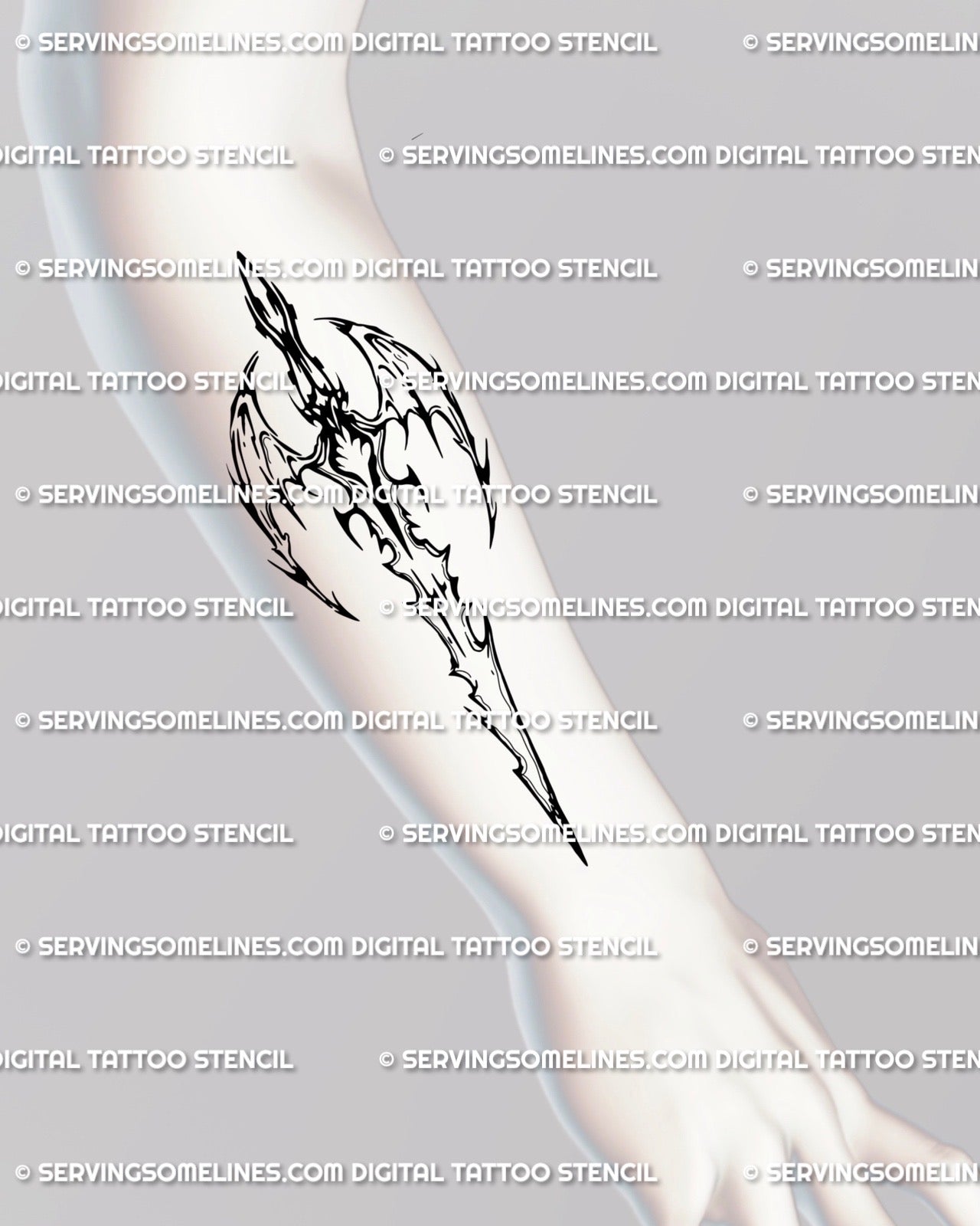 Cyber sigilism winged blade tattoo shown on forearm placement, gothic dragon sword design with clean tribal lines and spiky detail.