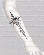 Forearm placement preview of all-seeing eye sword digital tattoo stencil with gothic wings, sharp neotribal blade and celestial symbolism.