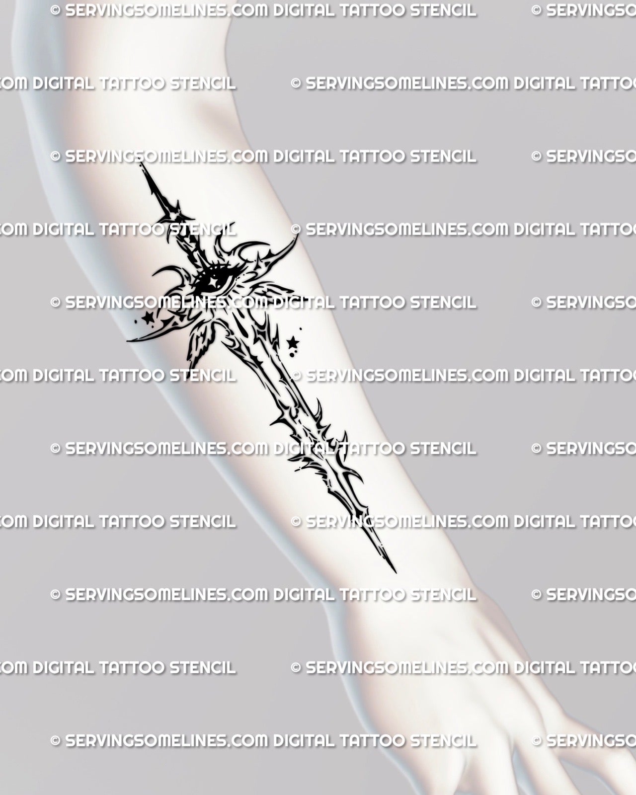 Forearm placement preview of all-seeing eye sword digital tattoo stencil with gothic wings, sharp neotribal blade and celestial symbolism.