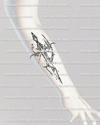 Vertical sword tattoo in cyber sigilism tribal style on forearm, clean line art with star motifs, hand-drawn stencil for gothic and cybercore tattoo fans.