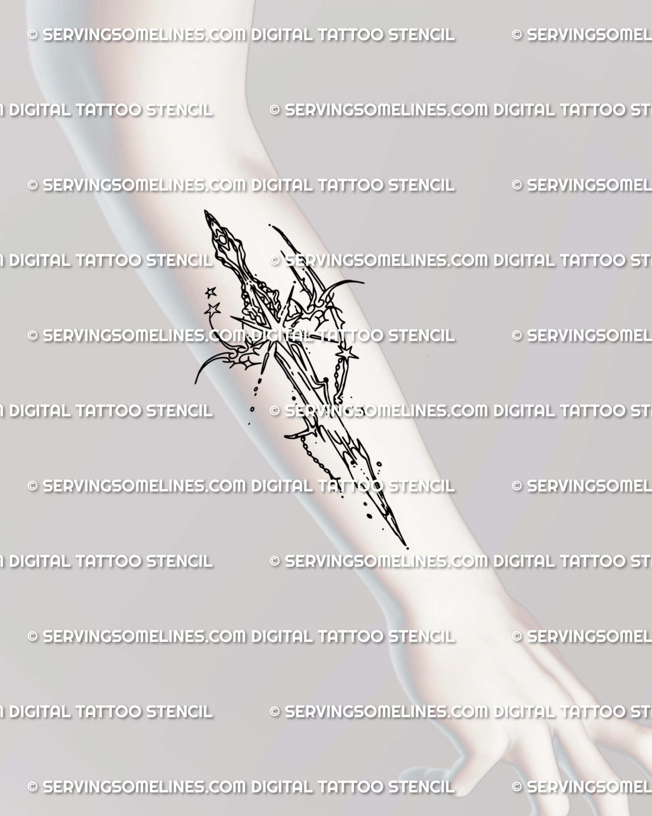 Vertical sword tattoo in cyber sigilism tribal style on forearm, clean line art with star motifs, hand-drawn stencil for gothic and cybercore tattoo fans.