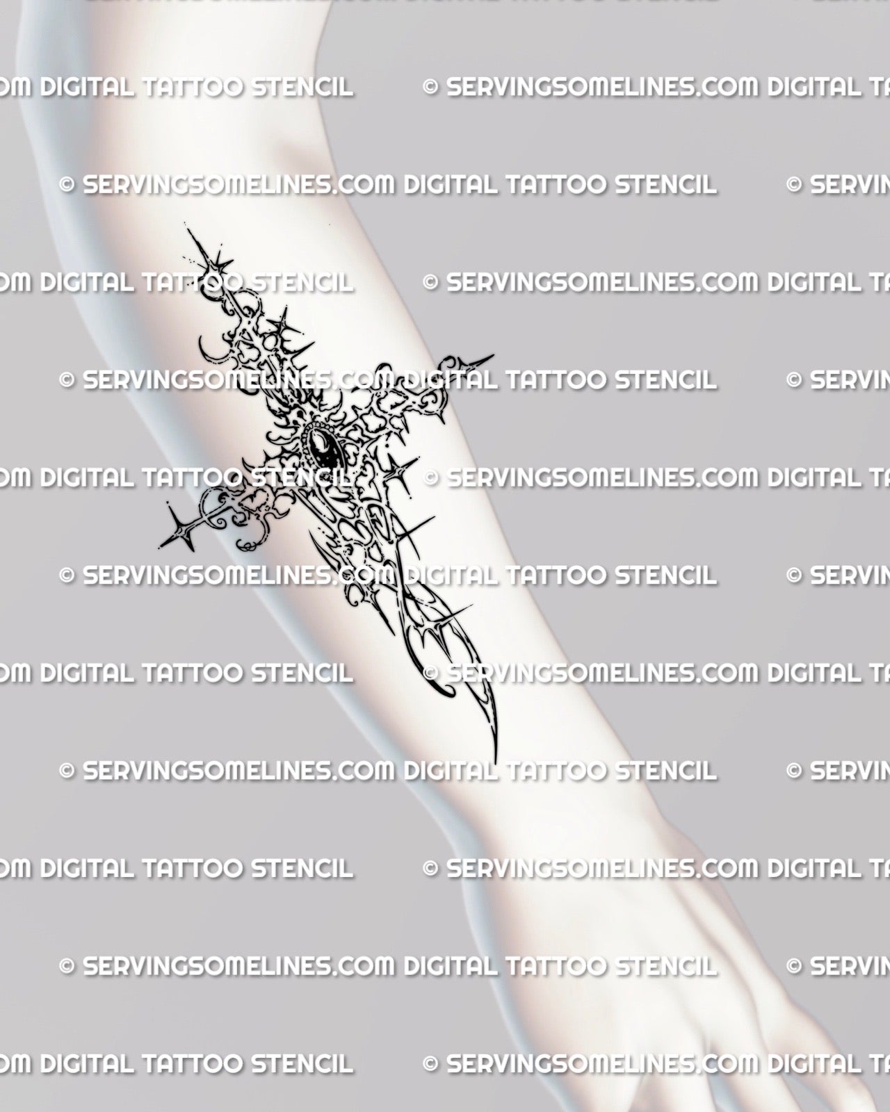 vertical cyber cross tattoo shown on forearm placement with gothic spikes and gemstone center, detailed cybersigilism linework for sharp healing
