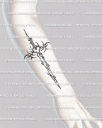 Forearm display of dagger cross tattoo stencil, clean neotribal cybersigilism linework with symbolic sword and cross details. 