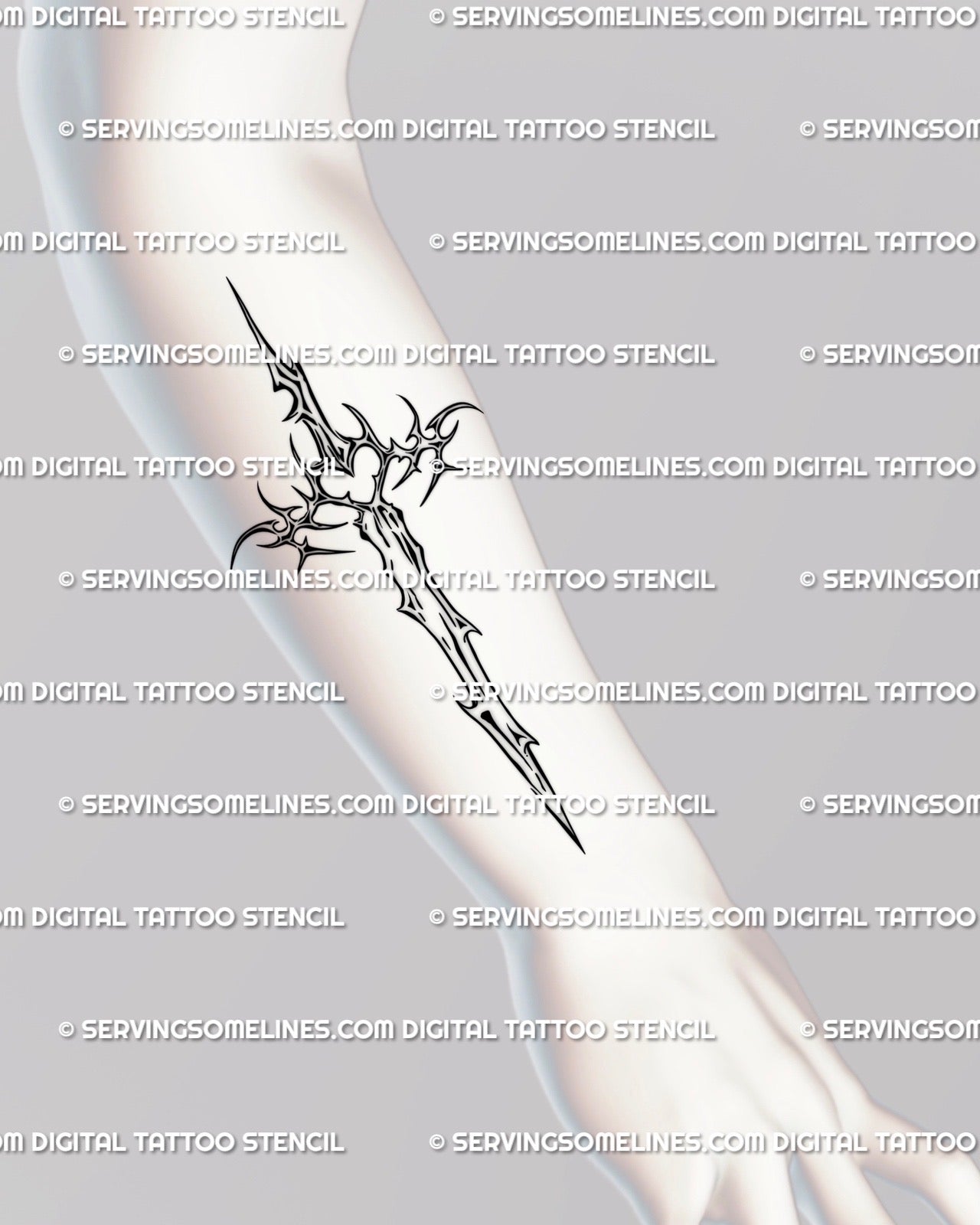 Forearm display of dagger cross tattoo stencil, clean neotribal cybersigilism linework with symbolic sword and cross details. 