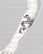 Digital preview of cyber sigilism dragon tattoo stencil shown along forearm placement, smooth flame body fits natural arm flow.