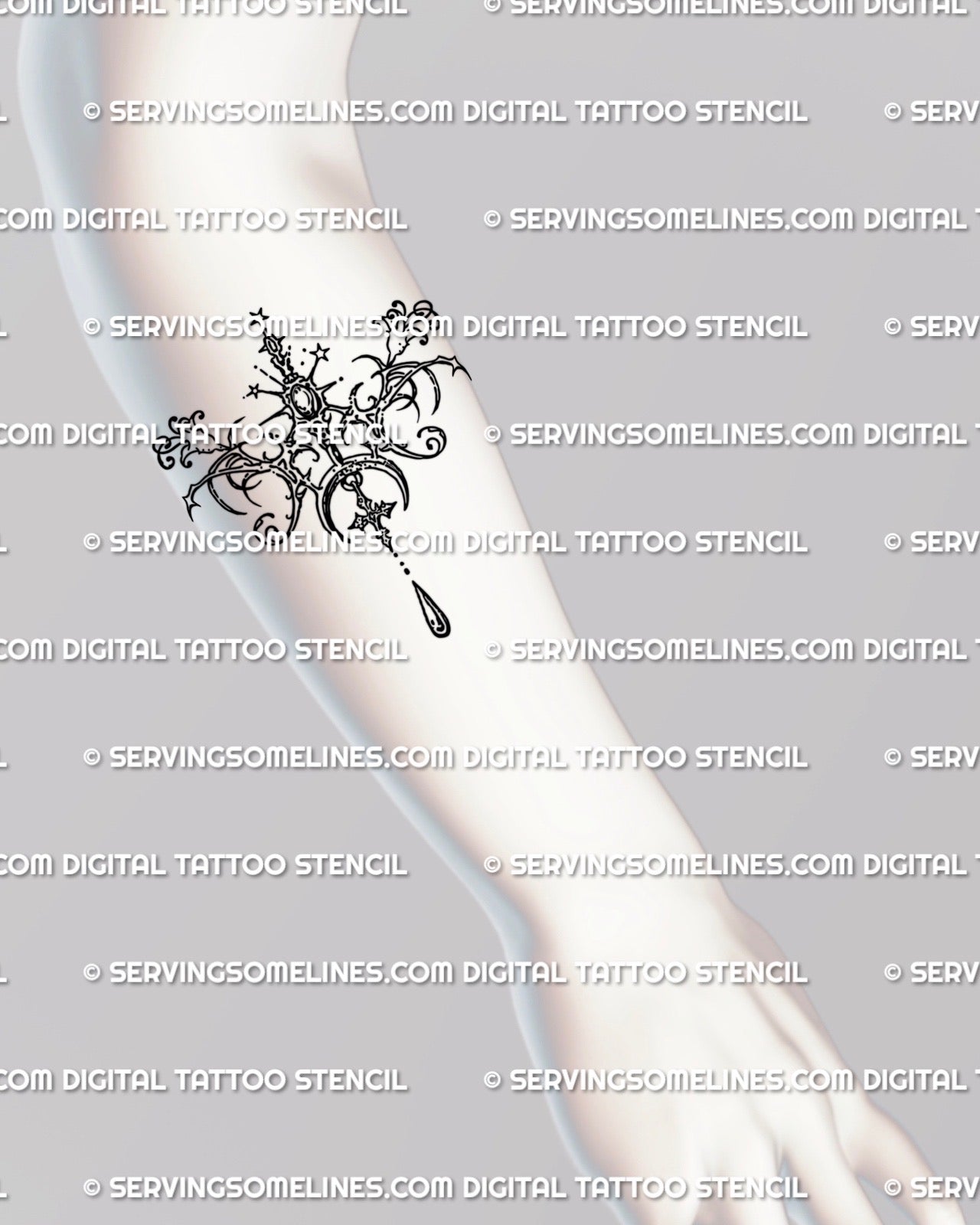Floral cybersigil pendant tattoo stencil on the forearm with crescent moon and star details shown in a light lineart placement example