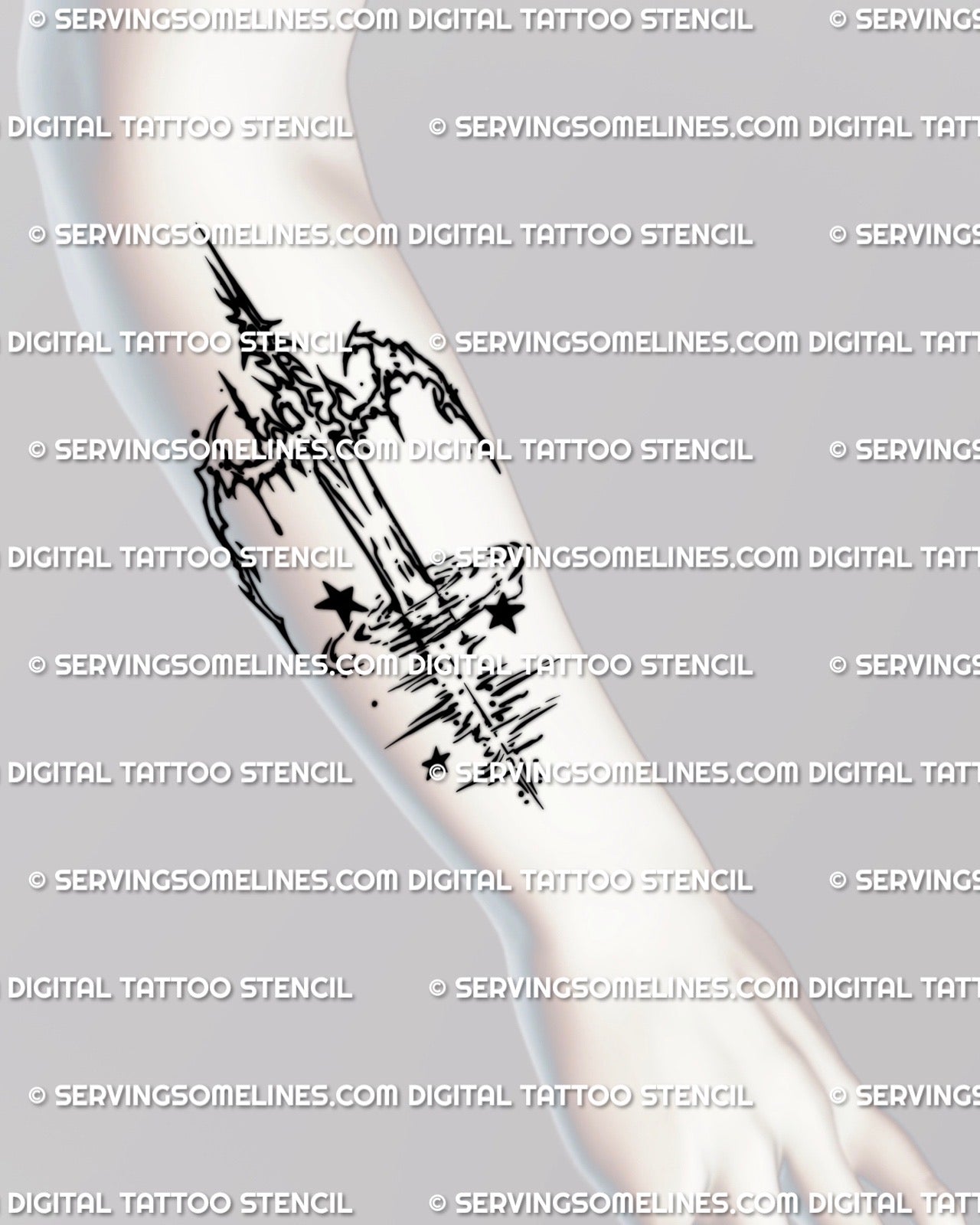 Fluid water blade tattoo placed on the forearm as a simple linework stencil with smooth motion and a fine line vertical look