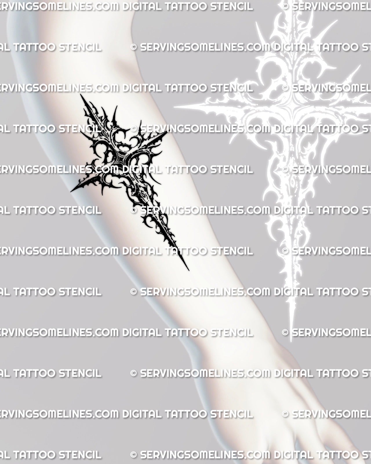 neotribal gothic cross tattoo stencil shown on forearm placement, clean digital file ready for tattoo artists and buyers