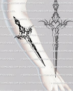 female forearm mockup showing a gothic heart dagger tattoo with medieval blade details and ornamental blackwork accents aligned along the arm line