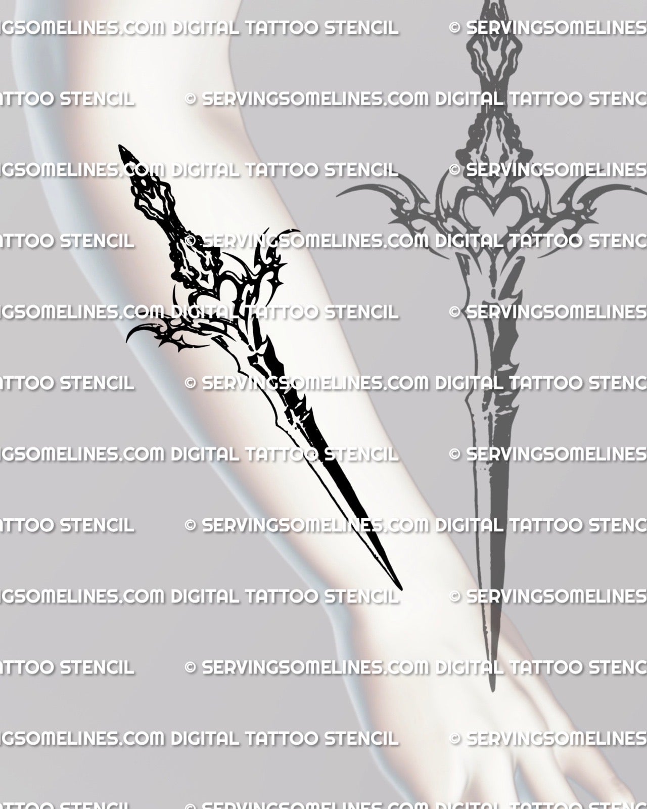 female forearm mockup showing a gothic heart dagger tattoo with medieval blade details and ornamental blackwork accents aligned along the arm line