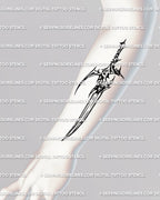 Gothic knife tattoo displayed on forearm placement, dark cyber-tribal dagger design with ornamental blade hearts and fine symmetry.