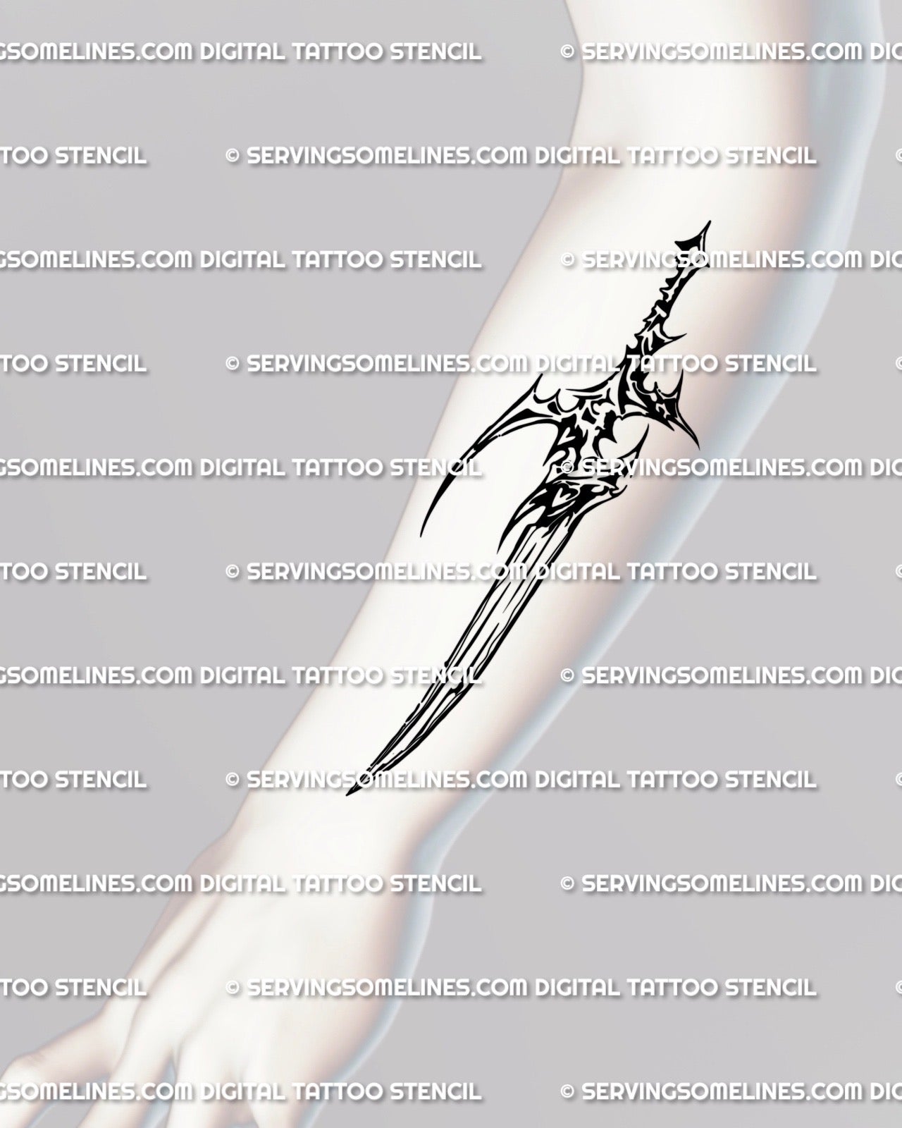 Gothic knife tattoo displayed on forearm placement, dark cyber-tribal dagger design with ornamental blade hearts and fine symmetry.