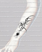 Forearm gothic spider tattoo design shown on arm placement, cyber tribal web symmetry with dark ornamental linework.