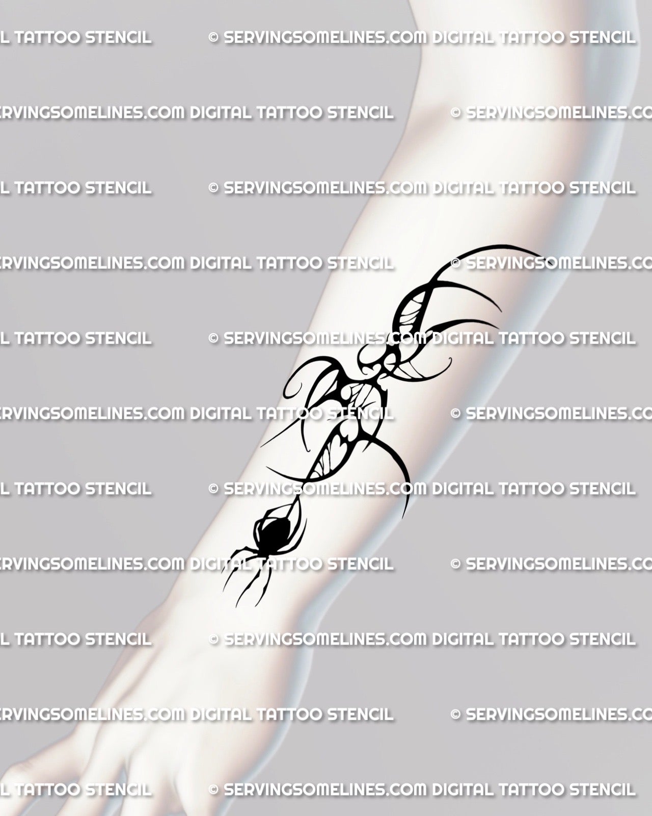 Forearm gothic spider tattoo design shown on arm placement, cyber tribal web symmetry with dark ornamental linework.