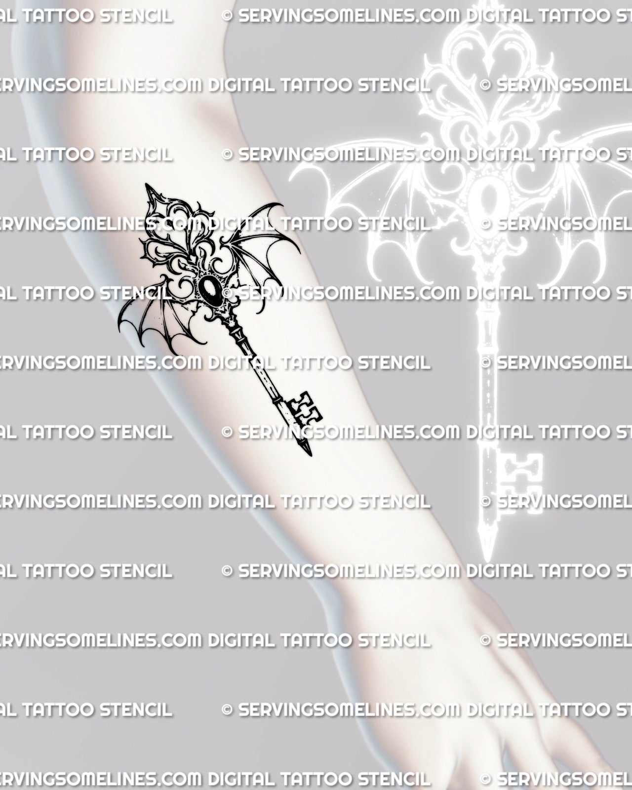 Forearm placement example of a gothic winged key tattoo design, shown as a printable digital tattoo stencil with dark ornamental detail.