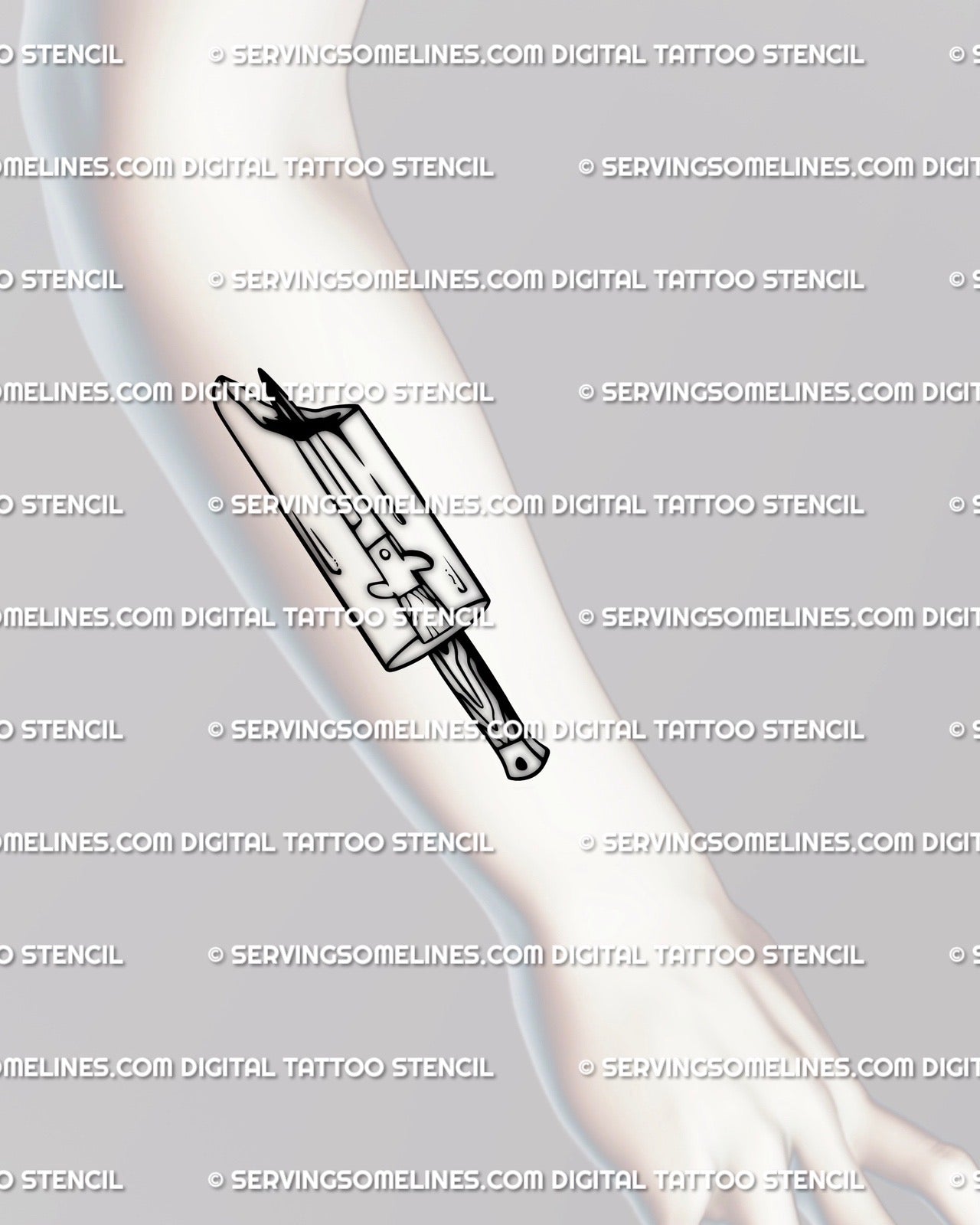 Popsicle dagger tattoo displayed on forearm, ironic ice cream knife design for dark humor or surreal minimal tattoos.