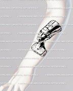 Forearm blackwork tattoo stencil showing Nefertiti Egyptian queen portrait, gothic goddess linework design symbolizing resilience and divine energy 