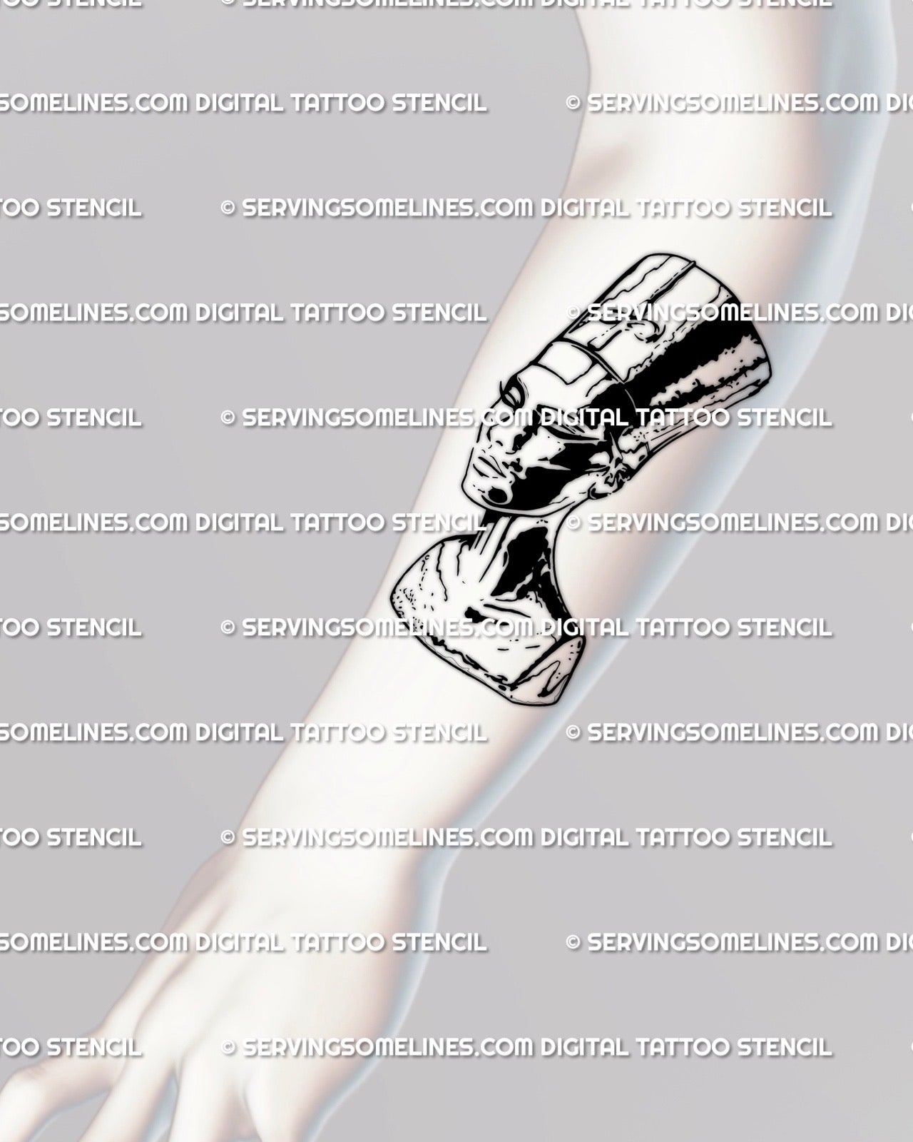 Forearm blackwork tattoo stencil showing Nefertiti Egyptian queen portrait, gothic goddess linework design symbolizing resilience and divine energy 