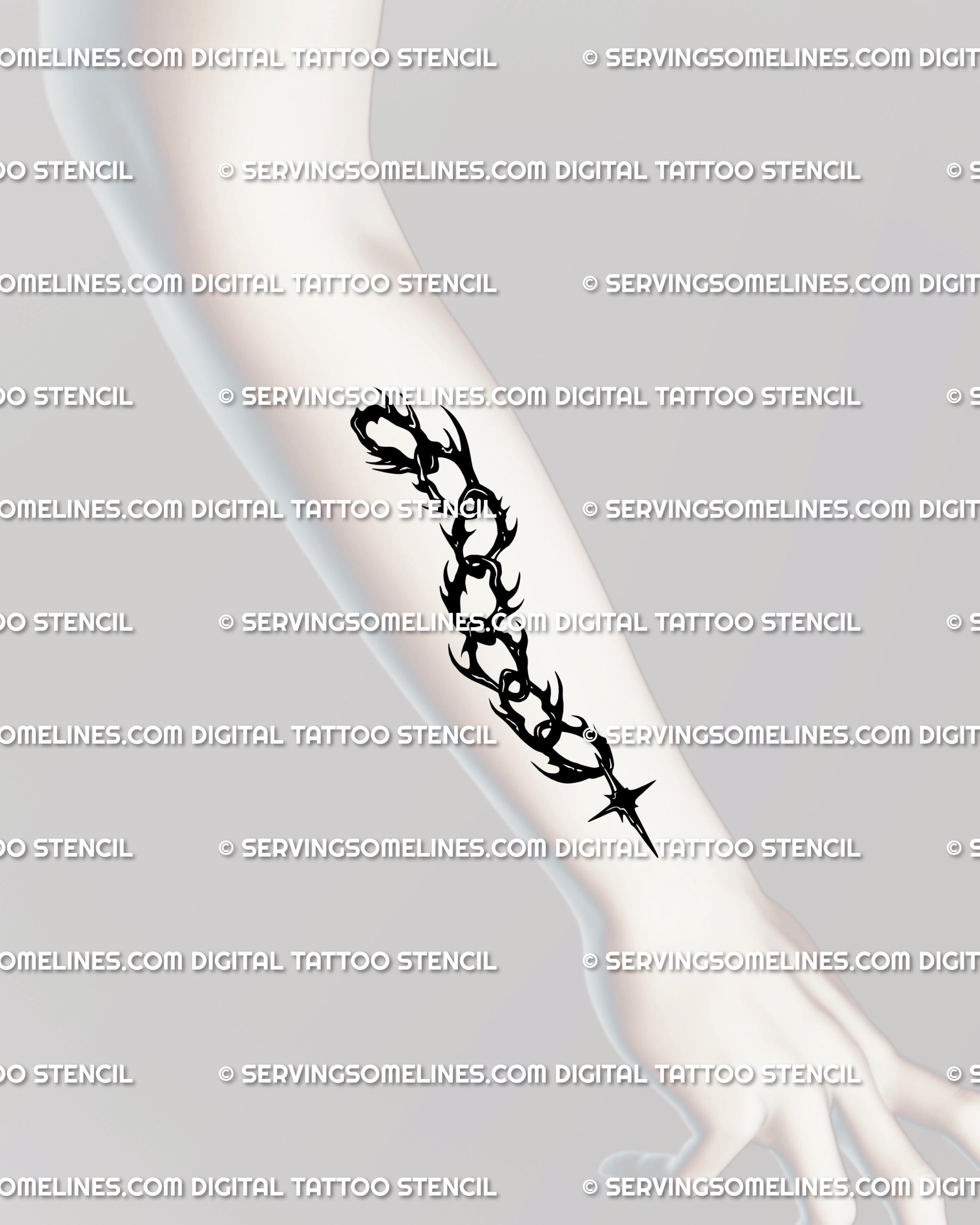 Medium-sized neotribal forearm tattoo stencil showing gothic spiky chain with star charm, blackwork design that adapts to arm lines, printable download.
