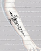 Neotribal gothic sword tattoo stencil shown on forearm, dark fantasy blade art with cybersigilism lines and sharp futuristic flow.