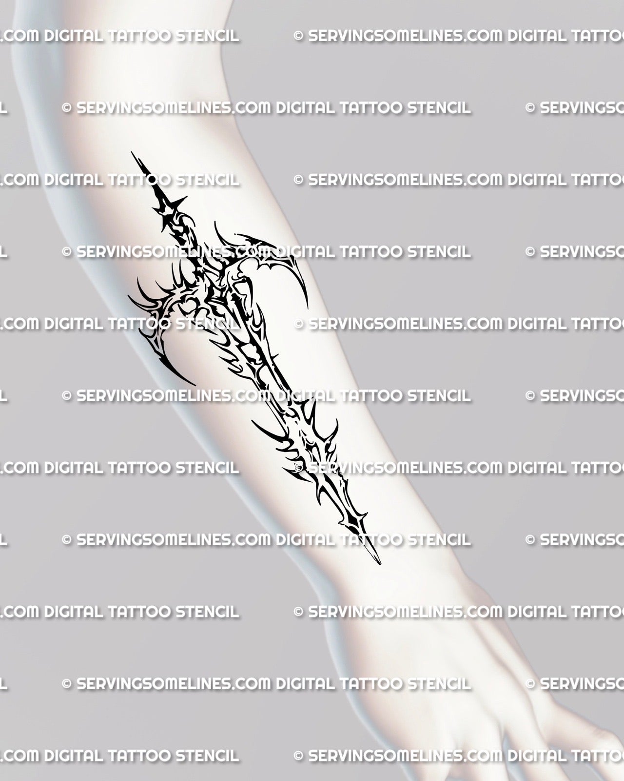 Neotribal gothic sword tattoo stencil shown on forearm, dark fantasy blade art with cybersigilism lines and sharp futuristic flow.