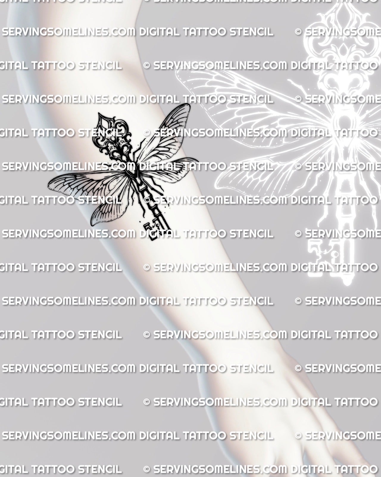 Dragonfly key tattoo stencil shown on forearm placement, gothic dragonfly wings and antique crest key design, vertical and clean.