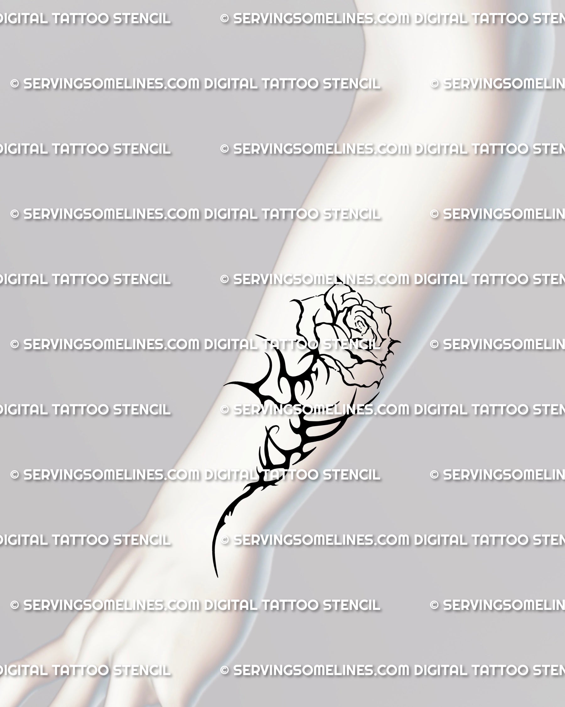 Forearm rose tattoo idea in cyber sigilism style, small neotribal flower with thorn stem, gothic floral stencil for visible placement. 