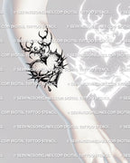 Forearm placement example, barbed wire sacred heart with crown of thorns and flame tips, dark blackwork heart stencil