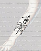 Forearm spider dagger tattoo stencil with butterfly-web wings; sleek cybersigilism blade that aligns with arm anatomy, versatile as blackwork or fine-line gothic design.