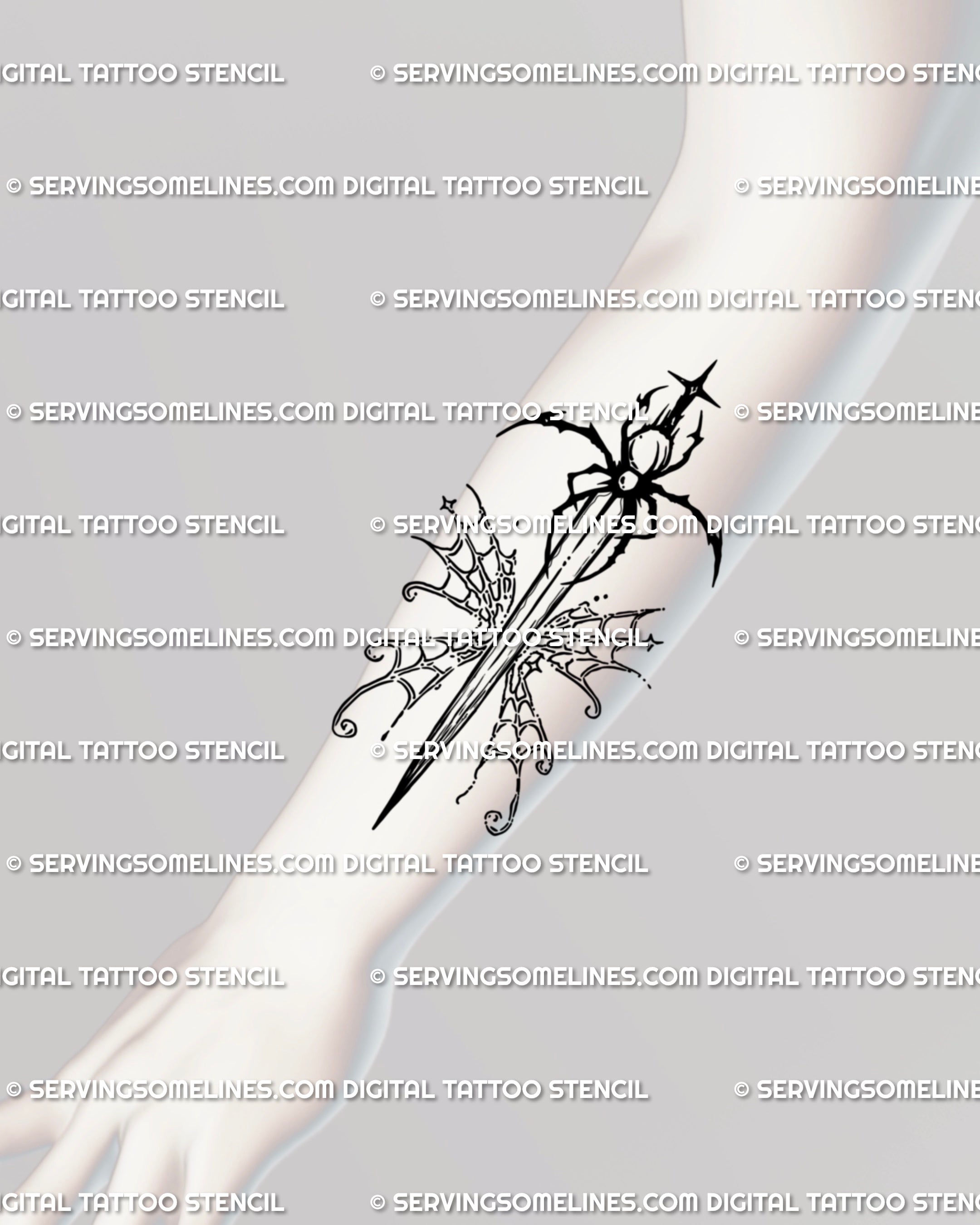 Forearm spider dagger tattoo stencil with butterfly-web wings; sleek cybersigilism blade that aligns with arm anatomy, versatile as blackwork or fine-line gothic design.