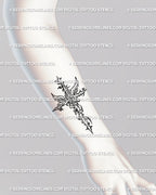 Forearm and wrist placement idea of gothic cybersigilism cross tattoo stencil with angel wings and rose detailing.