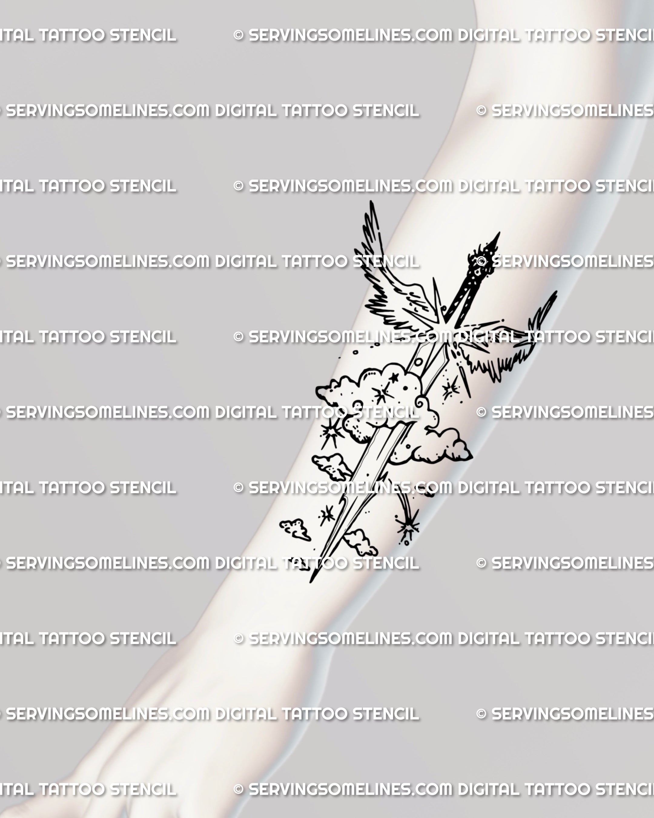 Forearm angel wing sword tattoo idea in cyber sigil style, slim vertical placement with guardian symbolism, celestial and gothic detail for everyday visibility.