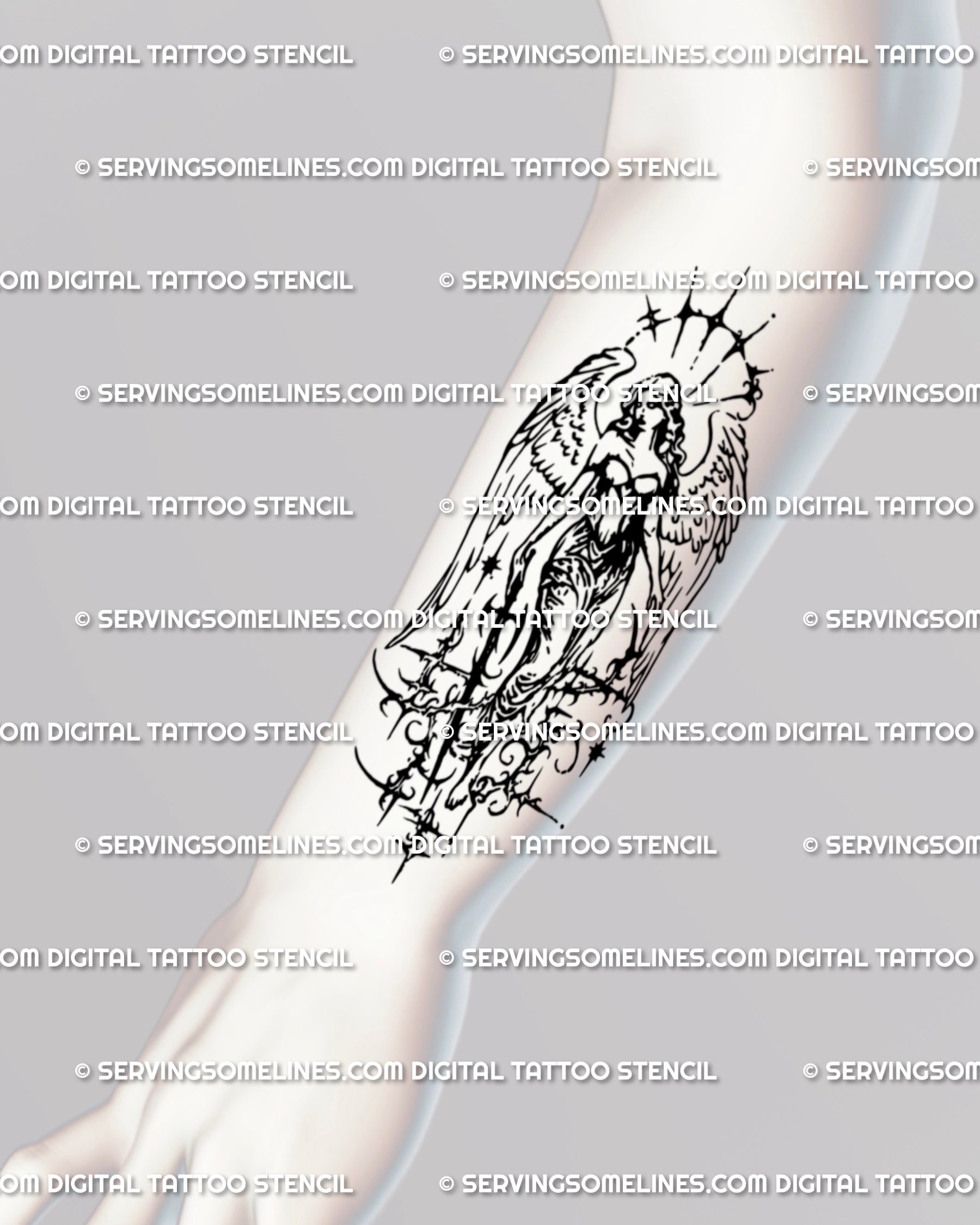 Forearm guardian angel tattoo in gothic blackwork, cyber sigil wings and sword details forming ornamental cybertribal line art.
