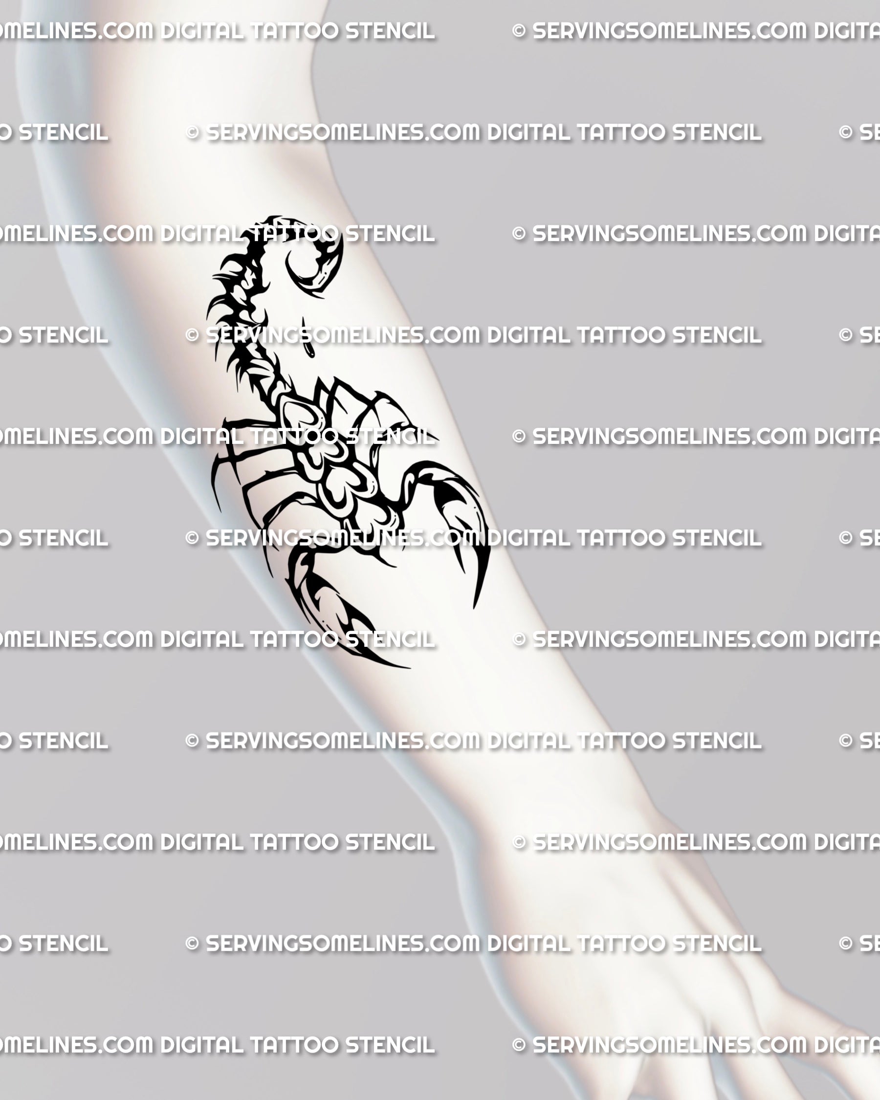 Tribal scorpion heart tattoo on the forearm, elongated girly goth style stencil that follows arm shape, symbolic gothic tattoo design.