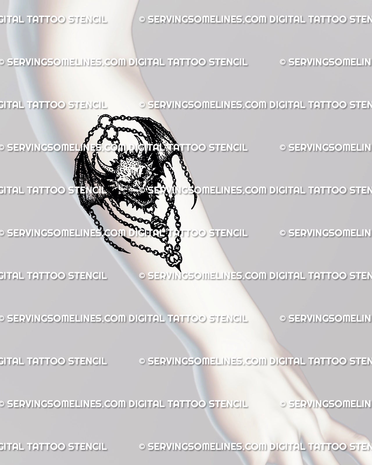 Forearm tattoo featuring winged demon skull in gothic blackwork style, chained medieval charm flash design