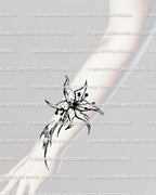 Cybersigilism lily flower tattoo on forearm and wrist, elongated neotribal floral design flowing with arm lines, gothic alternative flash.