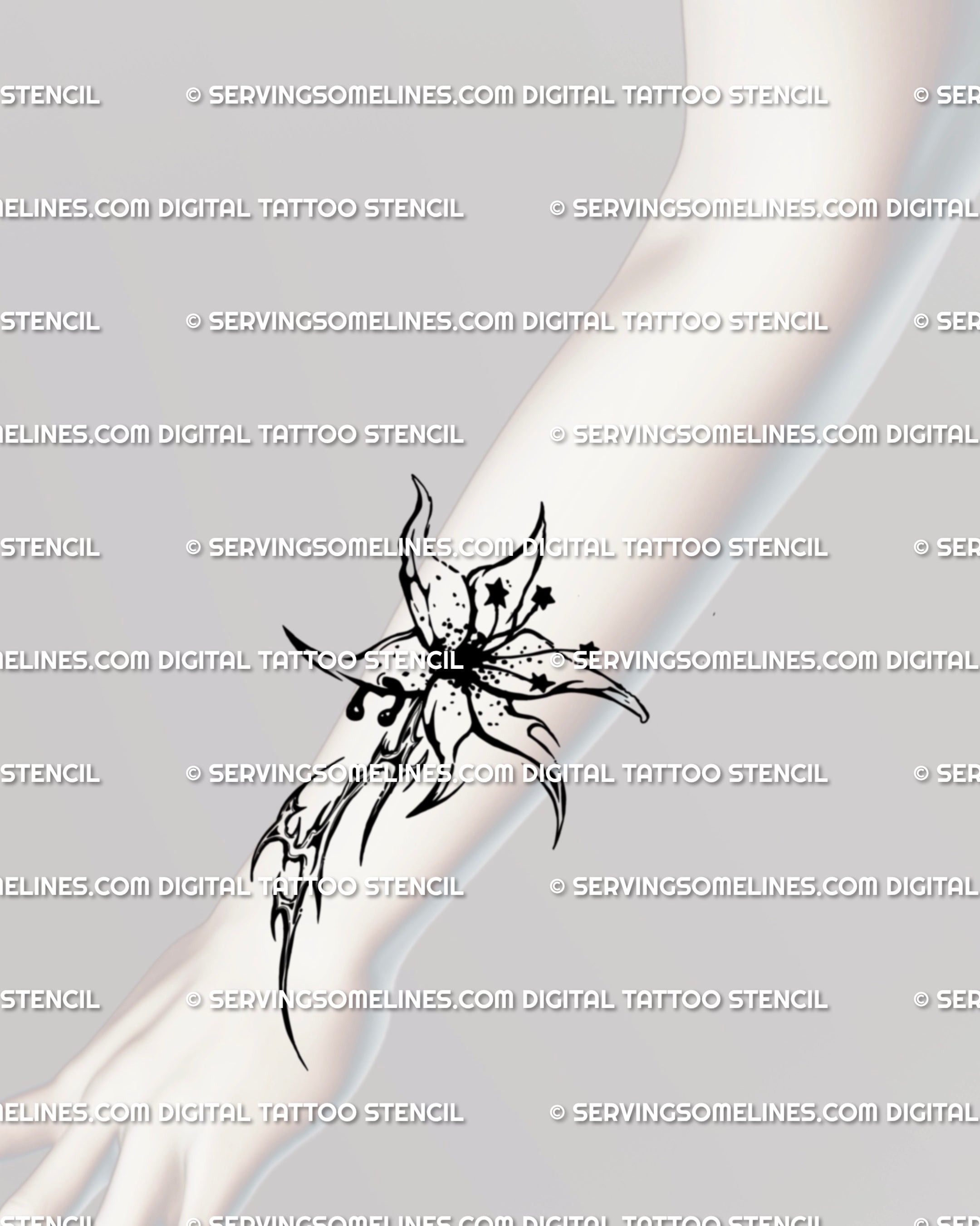 Cybersigilism lily flower tattoo on forearm and wrist, elongated neotribal floral design flowing with arm lines, gothic alternative flash.