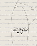 Front thigh angel lettering tattoo stencil, bold cyber-tribal calligraphy with halo above text, ornamental fine line digital stencil.