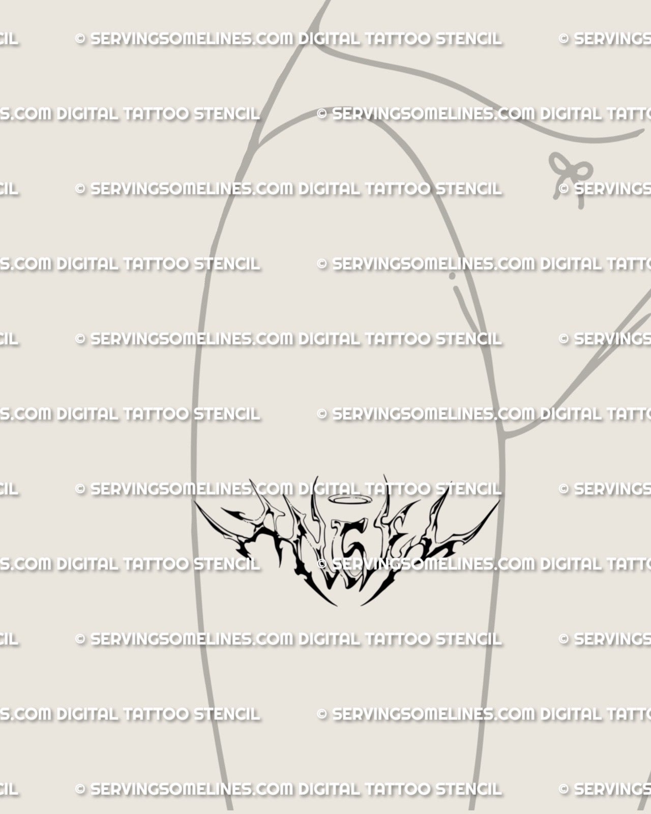 Front thigh angel lettering tattoo stencil, bold cyber-tribal calligraphy with halo above text, ornamental fine line digital stencil.