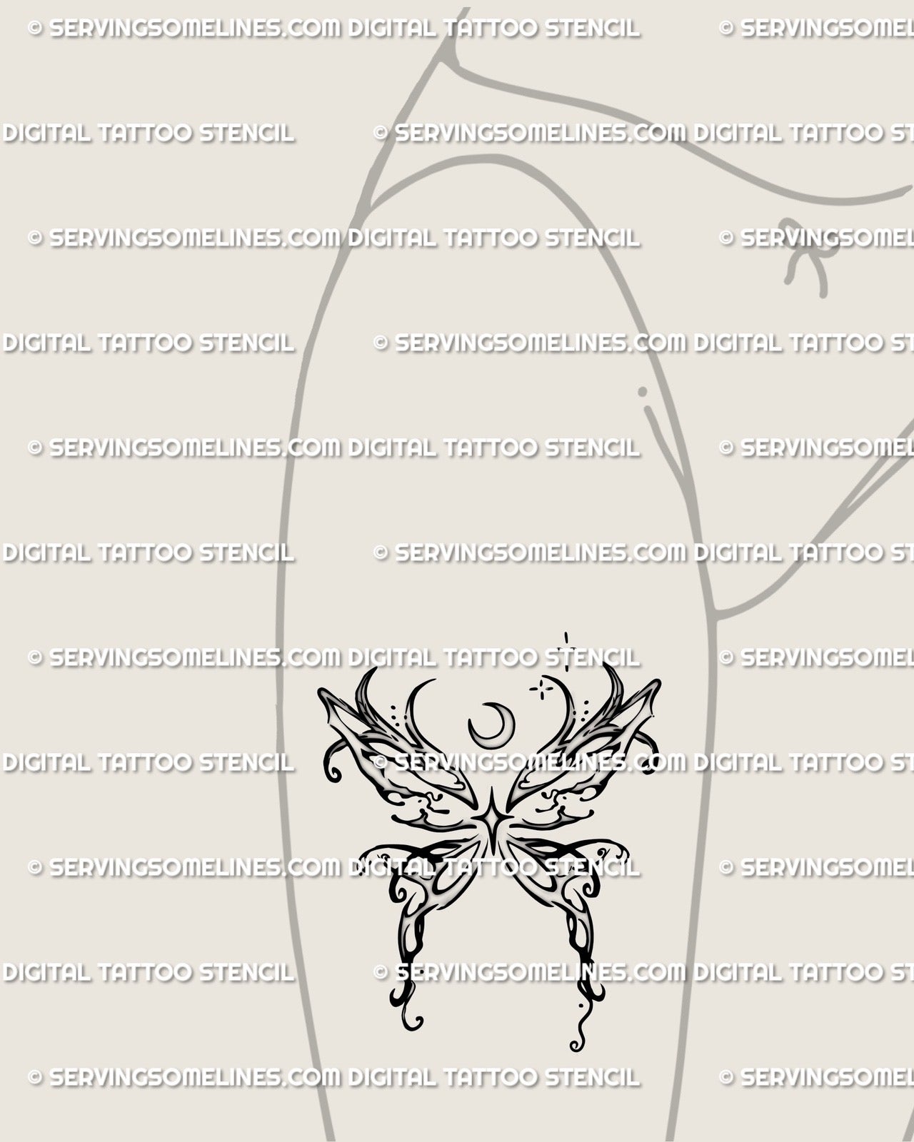 Front thigh butterfly tattoo design with leafy cyber-fairy wings and moon detail, elegant and minimal style.